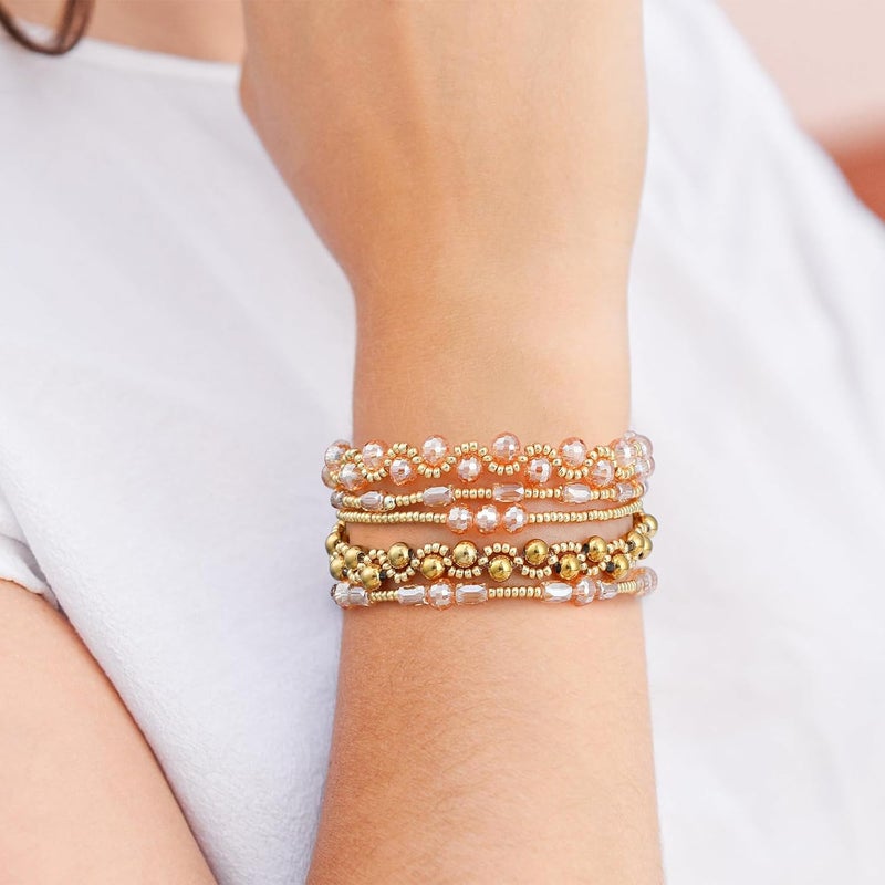Pymach Store Dainty Gold Plated Pearl Crystal Beaded Bracelets Set for Women 14K Gold Plated Bead Pearl Beads Bracelet Stackable Paperclip Link Chain Bracelets Gold Plated Bracelets for Women Trendy Jewelry - Image 2